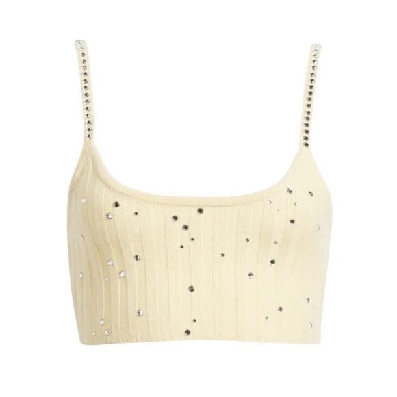 Loveshackfancy Celmira Cashmere Wool Rhinestone Rib Knit Crop Top XL - Picture 1 of 9